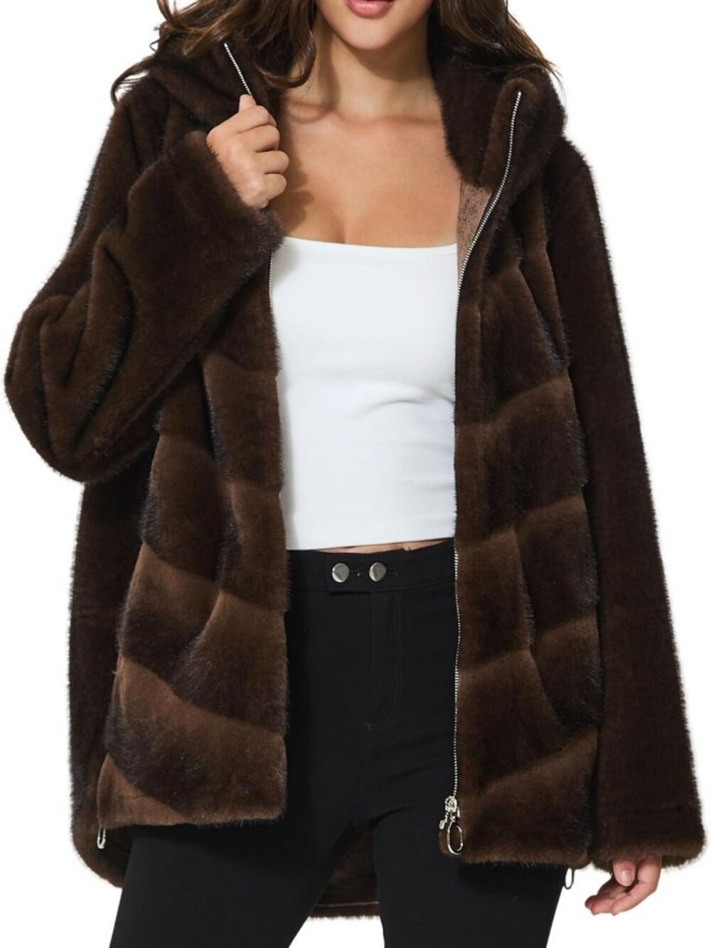 Cozy Women's Faux Fur Hooded Jacket - Zip Up Fluffy Coat with Pockets for